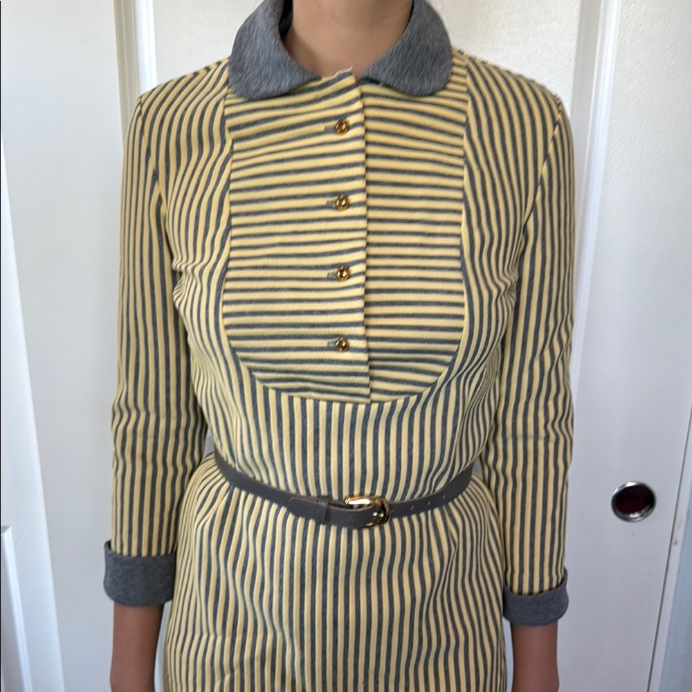 VINTAGE 60s DAVID CRYSTAL striped yellow and gray dress includes belt M L - Picture 4 of 12